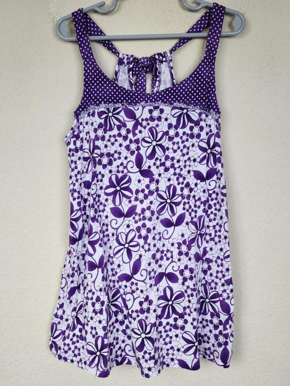 Cotton Medium Girls Kids Purple White Tank Top Shirt